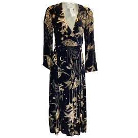 Forte Forte Schwarz / Hellbraunes Mi Aima bedrucktes Samt-Wickelkleid Schwarz