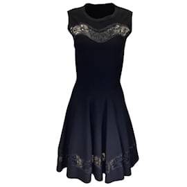 Alaïa-Alaia Black Lace Trimmed Sleeveless Flared Knit Dress-Black