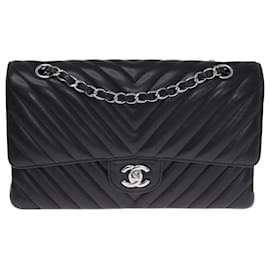 Chanel-Black Chevron Quilted Medium Double Large CC Flap Bag-Black