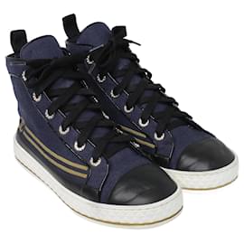 Chanel-Navy Blue Faux Pearl Detail CC High Top Sneakers-Blue