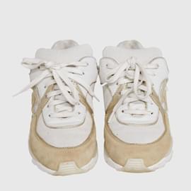 Chanel-white/Beige Canvas CC Logo Lace Up Sneakers-Beige