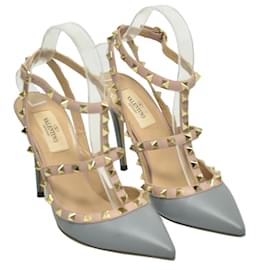 Valentino-Light Grey Rockstud Pointed Toe Ankle Strap Pumps-Grey