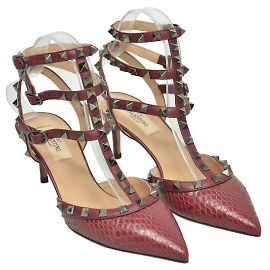 Valentino Burgundy Rockstud Pointed Toe Ankle Strap Sandals Dark red