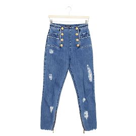 Balmain Jean bleu denim taille haute effet vieilli avec boutons logo Bleu