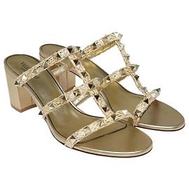 Valentino Gold Rockstud Raffia Slide Sandal Golden