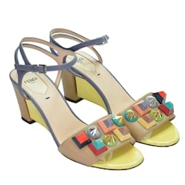 Fendi-Fendi Beige/Grey Lizard Embossed And Leather Fantasia Studded Ankle Strap Sandal-Beige