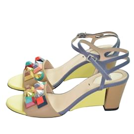 Fendi-Fendi Beige/Grey Lizard Embossed And Leather Fantasia Studded Ankle Strap Sandal-Beige
