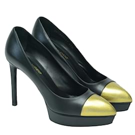 Saint Laurent-Saint Laurent Black Leather Janis Platform with Gold Pumps-Black