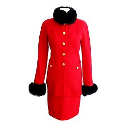 Escada Red Fur Coat with Buttons and Skirt Set Red
