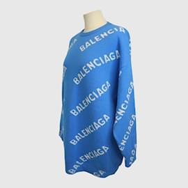 Balenciaga-Blu/Maglione girocollo bianco con logo all over-Blu