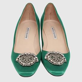Manolo Blahnik-Emerald Green Okkato Crystal Embellished Block Heel Pumps-Green