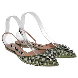 Rochas Metallic Green Crystal Embellished Pointed Slingback Flat Sandals Green