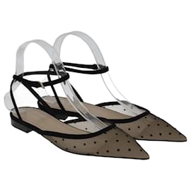 Christian Dior-Schwarze flache Sandalen mit gepunktetem Netzstoff und Knöchelriemen-Schwarz