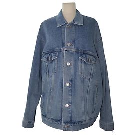 Balenciaga Light Blue Multi Language Logo Print Denim Jacket Blue