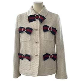 Gucci-La crema/Giacca corta in tweed con dettaglio fiocco multicolore-Multicolore