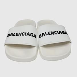 Balenciaga-Claquettes de piscine à logo blanc-Blanc
