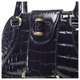 Alexander Mcqueen-Alexander McQueen Black Patent Crocodile Skin Bag-Black