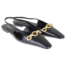 Saint Laurent Schwarze flache Slingback-Pantoletten mit Kette Schwarz