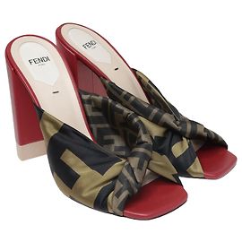 Fendi brown/Red Sabot Zucca FF monogram Twist Block Heel Mule Brown
