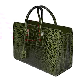 Saint Laurent-Burgundy Small Croc Embossed Sac de Jour Bag-Dark red