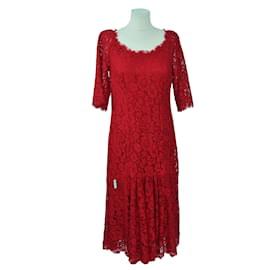 Dolce & Gabbana-Red 3/4 Sleeve Lace Midi Dress-Red