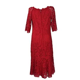 Dolce & Gabbana-Red 3/4 Sleeve Lace Midi Dress-Red