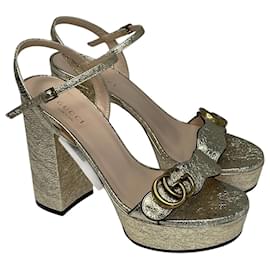 Gucci-Metallic Gold Mid Heel Ankle Strap Sandals-Golden