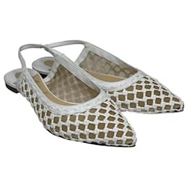 Christian Louboutin-White Woven Leather and Mesh Cage Slingback Flats-White