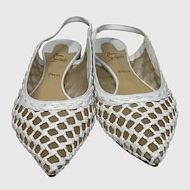 Christian Louboutin-White Woven Leather and Mesh Cage Slingback Flats-White