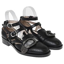 Gucci-Black Brogue Leather Queercore Ankle Strap Flats-Black