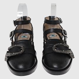 Gucci-Black Brogue Leather Queercore Ankle Strap Flats-Black