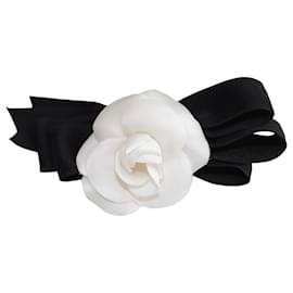 CHANEL blue striped ribbon and white CAMELLIA Bow Brooch