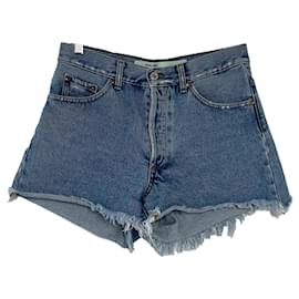 Off White-Blaue Jeansshorts mit Stiefmütterchenmuster und ungesäumtem Schnitt-Blau