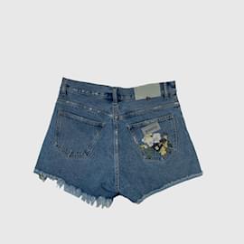 Off White-Blaue Jeansshorts mit Stiefmütterchenmuster und ungesäumtem Schnitt-Blau