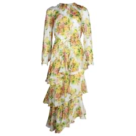 Zimmermann-Zimmermann Goldenes, gestuftes Kleid mit Blumenmuster aus mehrfarbiger Seide-Mehrfarben