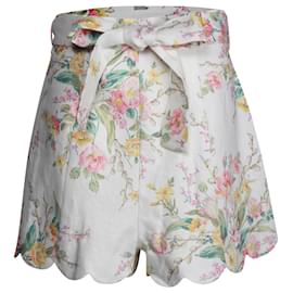 Zimmermann-Zimmermann Zinnia Floral-Print Scalloped Shorts in White Linen-Other