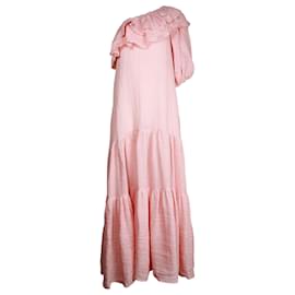 Lisa Marie Fernandez-Lisa Marie Fernandez Arden One-Shoulder Tiered Maxi Dress in Pink Linen-Pink