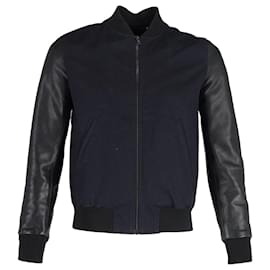 Sandro-Sandro University Bomber Jacket in Black Leather-Black
