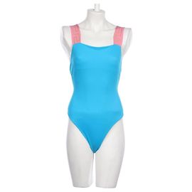 Maiô azul Versace com alças rosa bordadas Greca Rosa Azul
