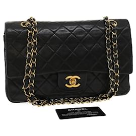 Chanel-CHANEL Classic Matelasse 25 Chain Flap Shoulder Bag Lamb Skin Black Auth jk1269a-Black,Golden