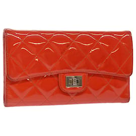 Chanel-CHANEL Long Wallet Patent leather Orange CC Auth bs7321-Orange