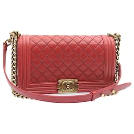 Chanel-CHANEL Boy Chanel Matelasse Chain Flap Shoulder Bag Leather Red CC Auth knn010-Red