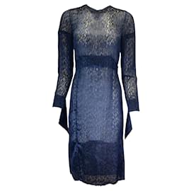 Akris-Akris Navy Blue Belted Long Sleeved Velvet Midi Dress-Blue