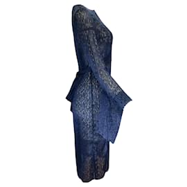 Akris-Akris Navy Blue Belted Long Sleeved Velvet Midi Dress-Blue