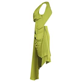 Off White-Cremefarbenes, asymmetrisches, drapiertes Minikleid mit offenem Rücken aus grünem Polyester-Grün