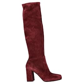 Prada-Prada Knee-High Heeled Boots in Burgundy Suede-Dark red
