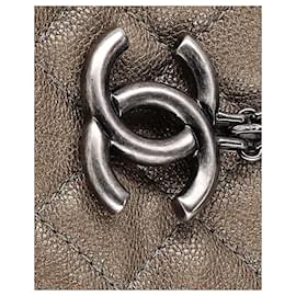 Chanel-Chanel Just Mademoiselle Petit sac Bowler en cuir argenté métallisé-Marron