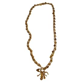 Chloé-Chloe Goldfarbene lange Metallkette m. Charms Schlüssel- und Logo-Vorhängeschloss-Halskette-Golden