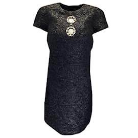 Michael Kors-Michael Kors Collection Black Crystal Embellished Cut-Out Detail Short Sleeved Jacquard Brocade Dress-Black