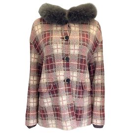 Bruno Manetti Vermelho / roxa / Jaqueta de malha de lã xadrez Houndstooth com capuz e pele cinza Multicor